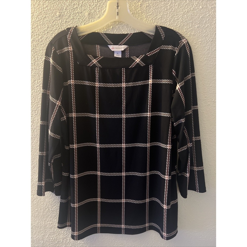 Liz Claiborne Plaid Black Red Brown White pull over top PL